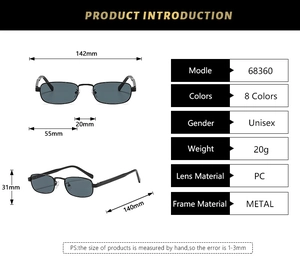 Detailed size specifications for unisex retro square frame metal sunglasses with PC lenses