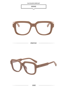 Detail view of khaki square frame glasses featuring metallic triple-dot rivet accents