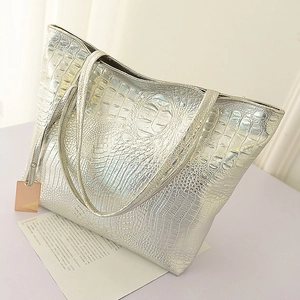 Grand Sac Cabas Motif Crocodile Cuir PU Métallisé Brillant Sac À Main Épaule Pour Femmes Déplacement Quotidien
