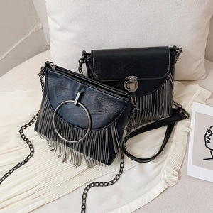 Chic black PU leather crossbody bags with metallic fringe tassels and chain straps