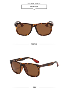 Detail view of square tortoiseshell sunglasses with brown lenses from front and side angles