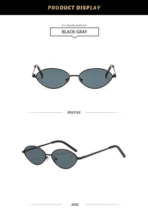 Detailed views of oval black metal frame sunglasses with gray lenses for sun protection