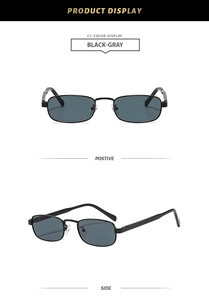 Front and side views of trendy retro metal square sunglasses in black-gray finish