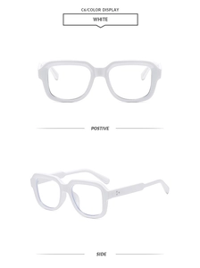 Detail view of white thick frame glasses with silver rivet accents and C6 color display