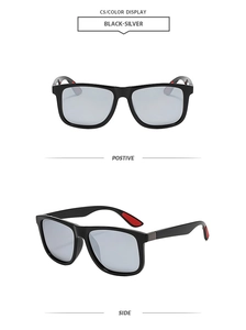Detailed views of black square sunglasses with silver lenses and red temple accents