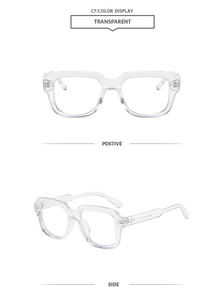 Front and side view of transparent square frames for a stylish retro look