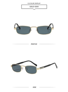 Detail view of gold metal square sunglasses with dark gray lenses from front and side
