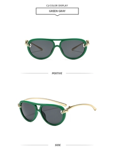 Front and side view of double-bridge aviator sunglasses in green-gray and gold