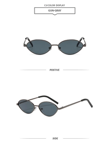 Detailed front and side views of gun-gray oval metal sunglasses with UV lenses