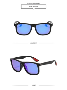 Detail of square black sunglasses with blue polarized lenses and red anti-slip temple strips