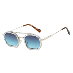 Retro double bridge polygon sunglasses with silver metal frames and blue gradient lenses