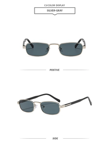 Macro detail of retro silver-gray square sunglasses showing front and side perspectives
