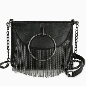 Fashion black PU leather crossbody bag with metal ring and silver chain tassel fringe