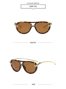 Front and side views of tortoise shell aviator sunglasses with gold chain temples