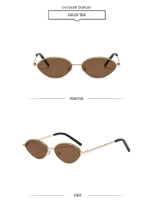 Detail view of oval tea lenses with slim gold metal frames from front and side angles