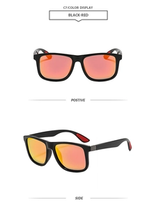 Classic square matte black sunglasses with red accents and orange mirrored lenses