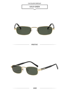 Detail view of retro square metal sunglasses with gold frames and green lenses