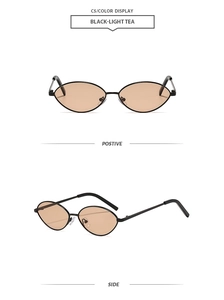 Front and side views of slim oval black metal sunglasses with light tea lenses