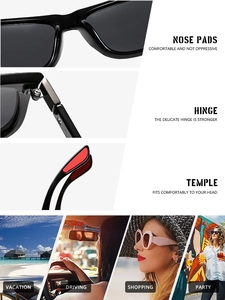 Detailed views of classic square sunglasses featuring integrated nose pads and sturdy hinges