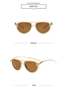 Detailed side and front view of beige pilot sunglasses with tea lenses and gold metal temples