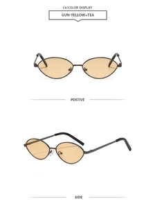 Front and side view of retro gun-metal oval sunglasses with yellow and tea tinted lenses