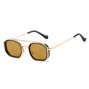 Retro double bridge polygon sunglasses with gold metal frame and yellow tinted lenses