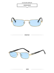 Detail view of retro square metal sunglasses with light blue lenses and gold frames