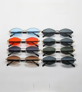 Detail view of eight multi-colored hexagonal sunglasses with thin metal frames in a set