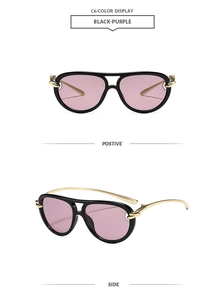 Front and side view of pilot sunglasses with black frame and purple lenses