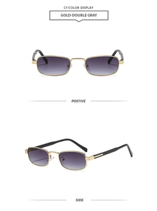 Macro display of gold square sunglasses with double gray gradient lenses and side view