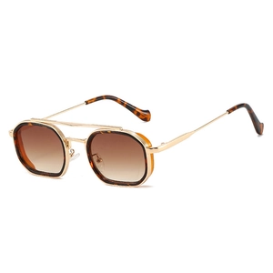 Retro double-bridge polygon sunglasses with gold metal frames and brown gradient lenses