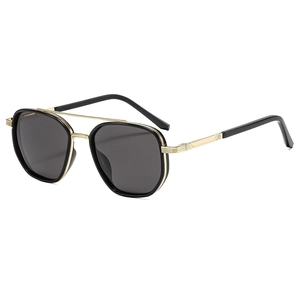 Polarized retro aviator sunglasses with black metal frame and gold accents for men