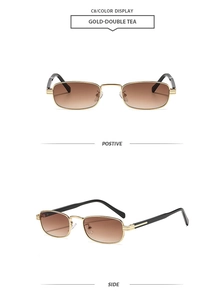 Detail view of gold metal rectangle sunglasses with double tea gradient lenses