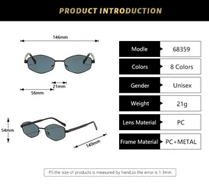 Detailed size specifications for fashionable polygonal sunglasses with precise dimensions