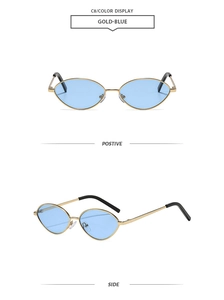 Macro detail of oval metal sunglasses with gold frames and blue lenses in front and side view