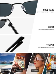 Detail view of ergonomic nose pads, sturdy hinges, and polished temple of square sunglasses