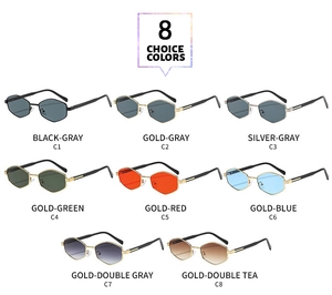 Detailed overview of eight color options for vintage hexagonal metal frame sunglasses