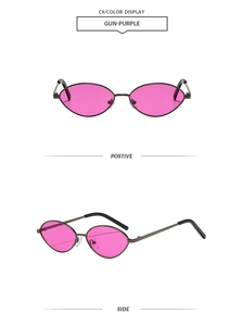 Detailed front and side views of gunmetal oval sunglasses with purple tinted lenses