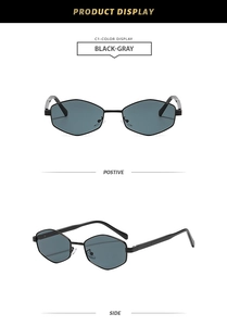 Detailed front and side views of black polygonal metal sunglasses with grey lenses