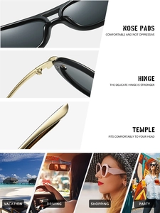 Detail view of double bridge sunglasses with integrated nose pads and gold metal hinges
