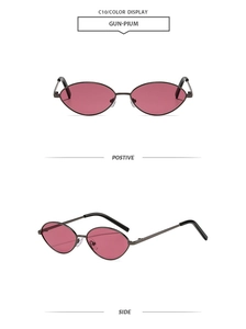 Detailed views of gun-metal oval sunglasses with deep pink lenses from front and side angles