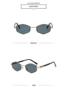Detailed front and side views of gold polygonal sunglasses with gray lenses