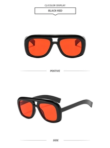 Détails de lunettes de soleil à monture noire et verres rouges sous plusieurs angles