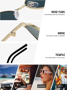 Detail shots of metal oval sunglasses with silicone nose pads and durable hinges