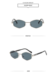 Front and side macro views of silver-gray geometric hexagonal metal frame sunglasses