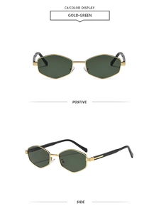 Detail view of gold metal polygonal sunglasses with green lenses from front and side angles