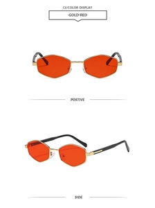 Detailed front and side views of gold hexagonal sunglasses with red tinted lenses