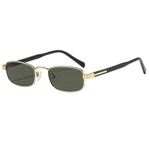 Retro small square metal sunglasses with gold frame and dark green lenses on white background