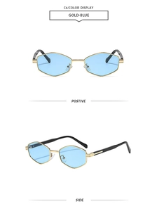 Detailed views of gold polygon sunglasses with blue lenses and black temple tips