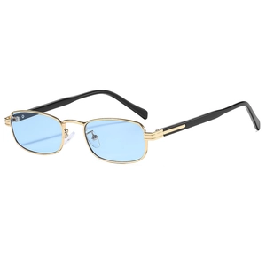 Retro small square sunglasses with gold metal frame and light blue lenses for fashion style
